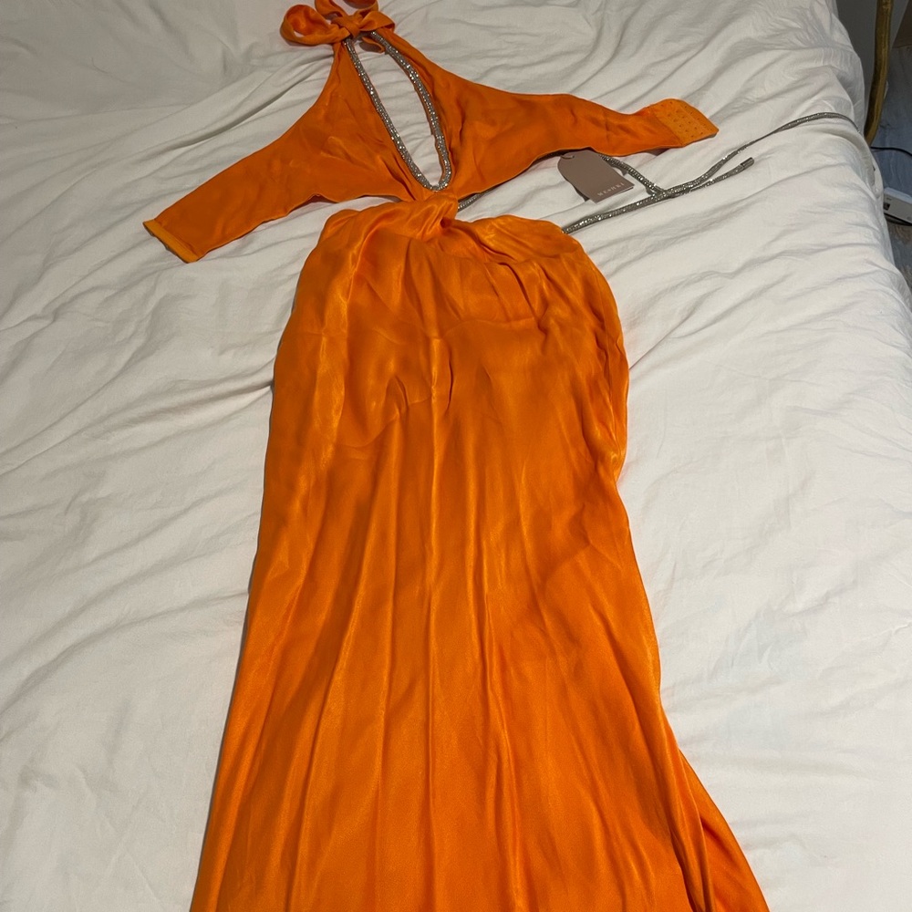 Meshki Lila Diamante Orange Midi Dress